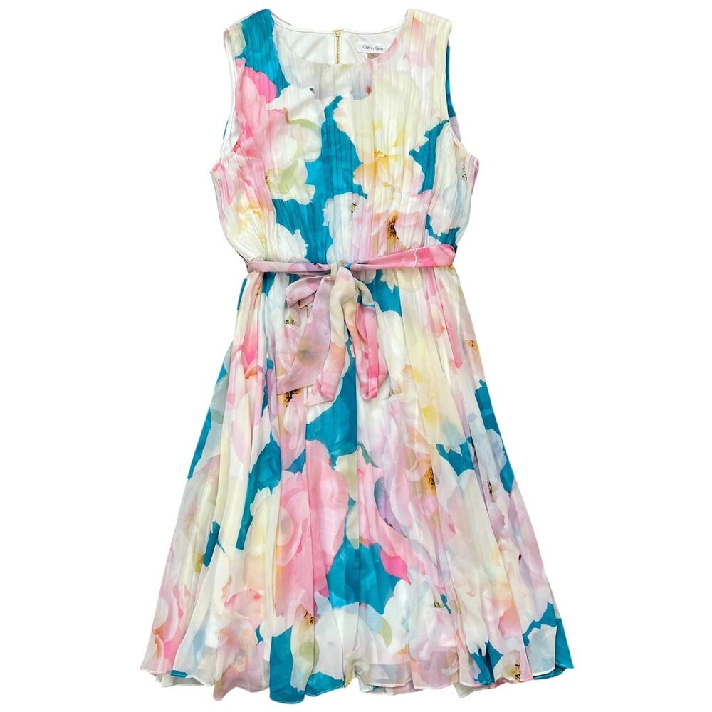 Calvin Klein Floral Pleated Chiffon Fit & Flare Midi Dress Size 10